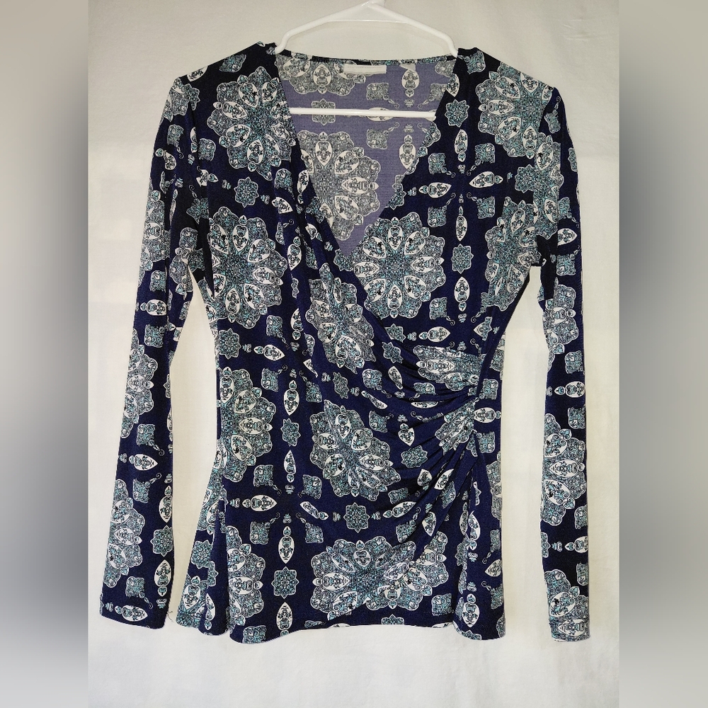 New York & Co Dress Short Blouse Navy/teal Paisley Wrap Style Size XS EUC